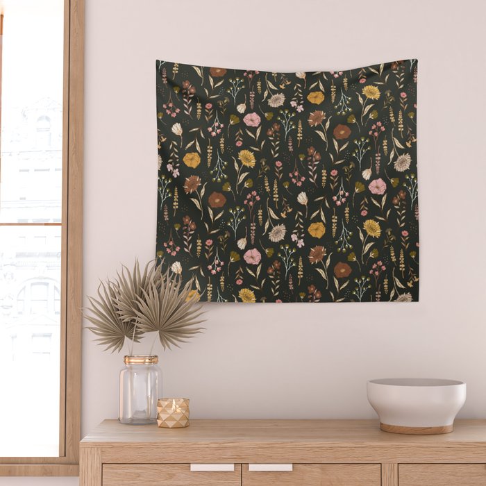 Spring Garden Flower Collection - Charcoal Black Wall Tapestry Gallery Image 2