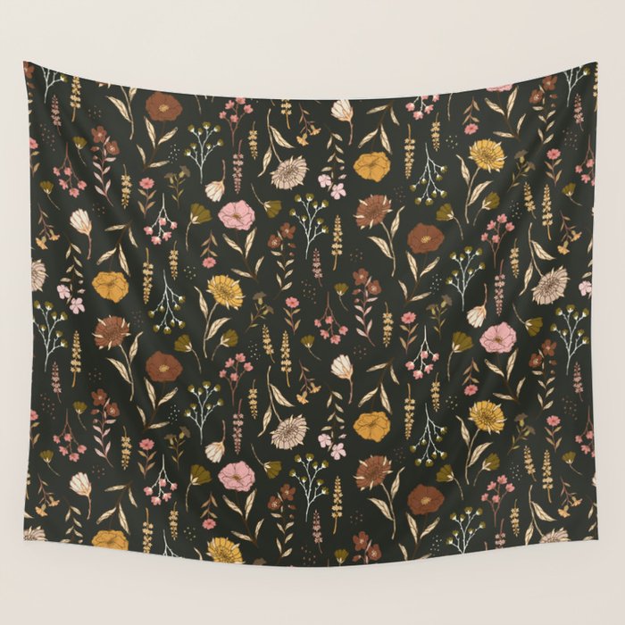 Spring Garden Flower Collection - Charcoal Black Wall Tapestry Gallery Image 4
