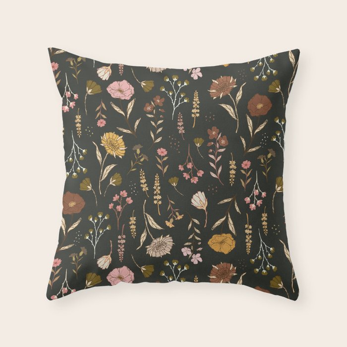Spring Garden Flower Collection - Charcoal Black Throw Pillow Gallery Image 6