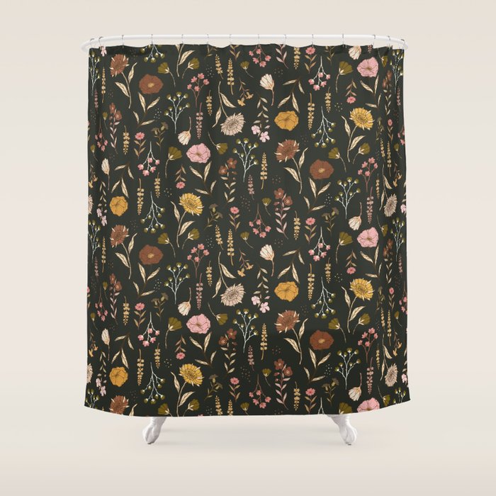 Spring Garden Flower Collection - Charcoal Black Shower Curtain Gallery Image 1