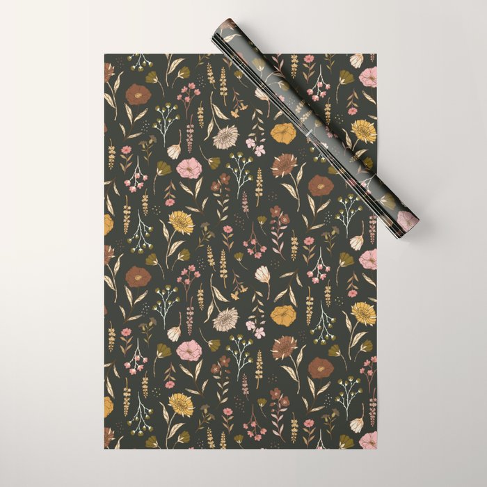 Spring Garden Flower Collection - Charcoal Black Wrapping Paper Gallery Image 1