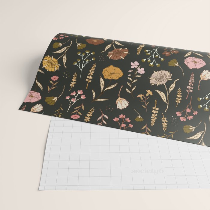 Spring Garden Flower Collection - Charcoal Black Wrapping Paper Gallery Image 2