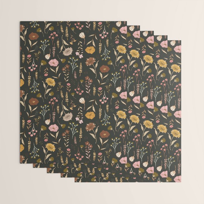 Spring Garden Flower Collection - Charcoal Black Wrapping Paper Gallery Image 3