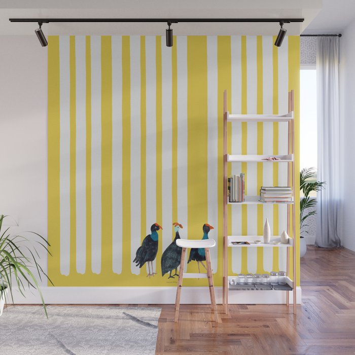 Three Birds Walking - Blue and Yellow Wall Mural Gallery Image 1