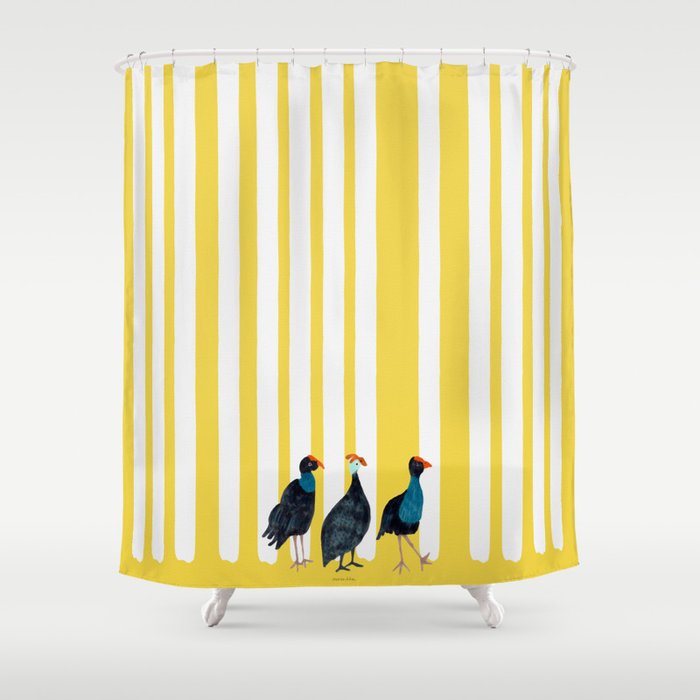 Three Birds Walking - Blue and Yellow Shower Curtain Gallery Image 1