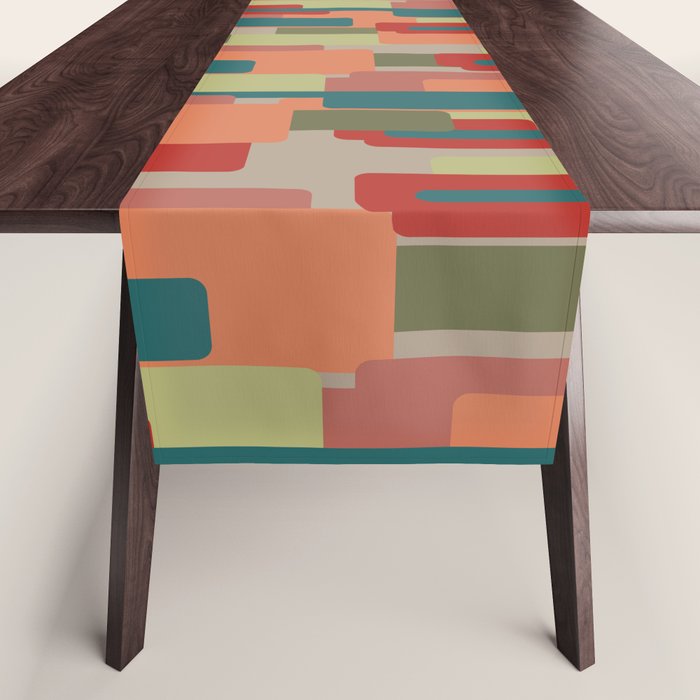 Mid-Century Modern Pierre Pattern in Midcentury Mod Teal, Olive, Peach, Sage, Red, and Taupe Table Runner Gallery Image 1