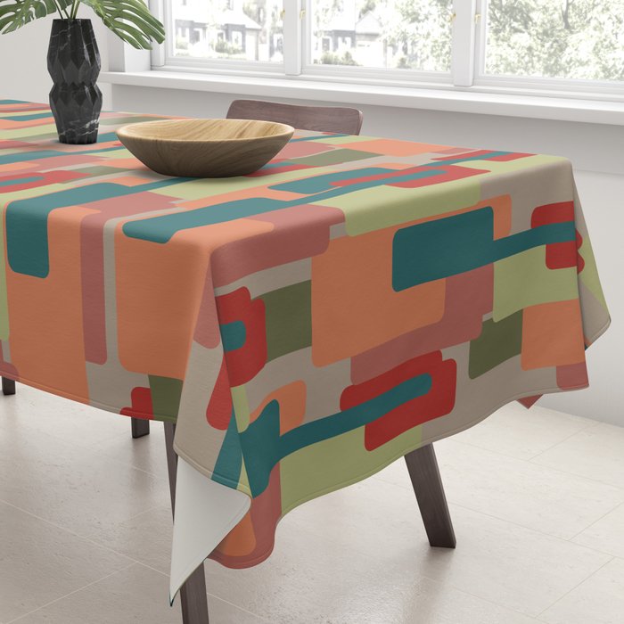 Mid-Century Modern Pierre Pattern in Midcentury Mod Teal, Olive, Peach, Sage, Red, and Taupe Tablecloth Gallery Image 3