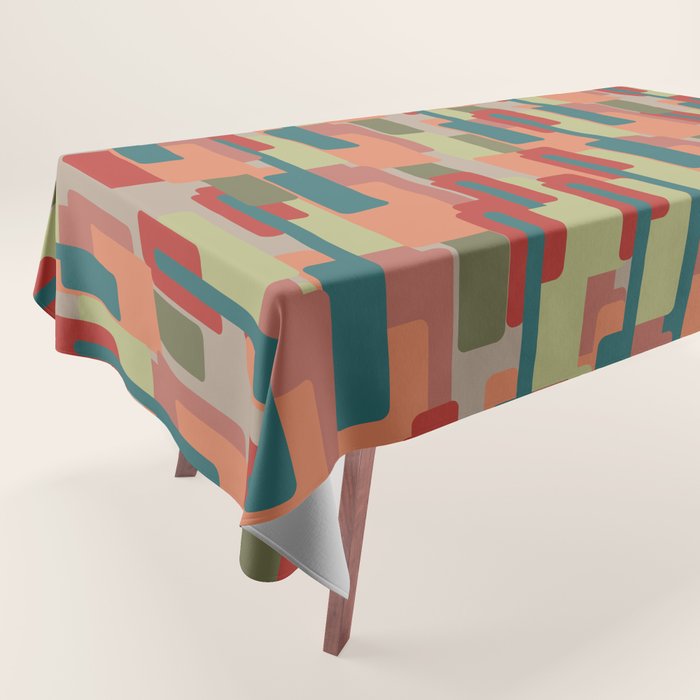 Mid-Century Modern Pierre Pattern in Midcentury Mod Teal, Olive, Peach, Sage, Red, and Taupe Tablecloth Gallery Image 1