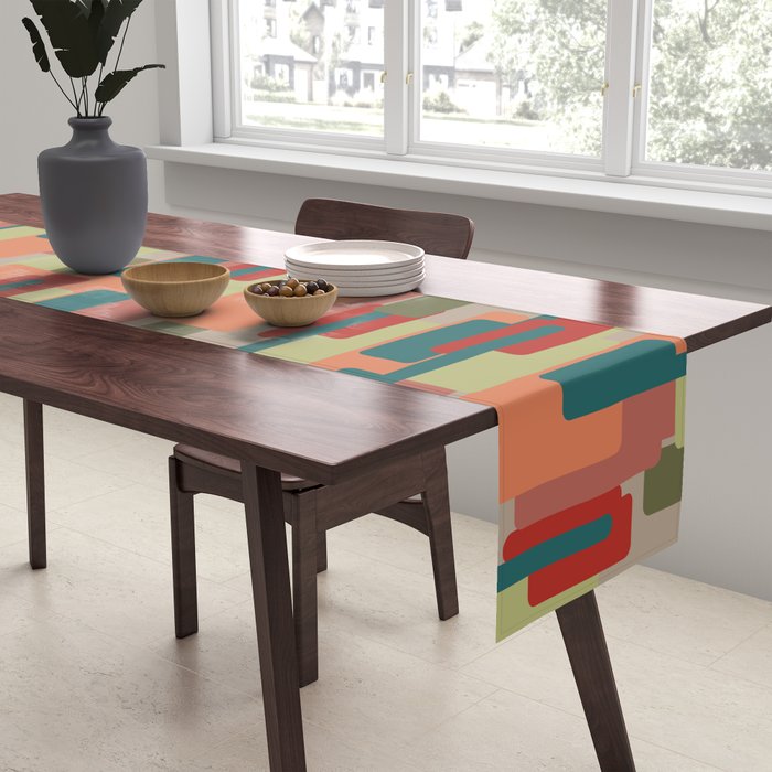 Mid-Century Modern Pierre Pattern in Midcentury Mod Teal, Olive, Peach, Sage, Red, and Taupe Table Runner Gallery Image 2