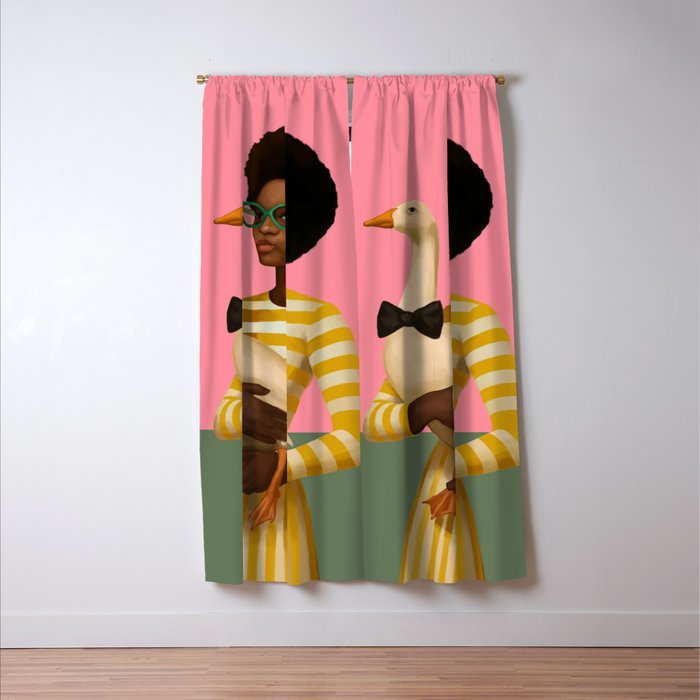Stylish Woman Holding Goose in Striped Dress Window Curtain Gallery Image 3