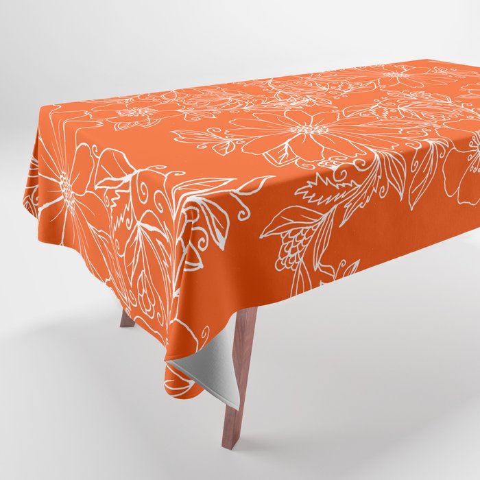 Hand drawn white bright orange modern floral Tablecloth Gallery Image 1