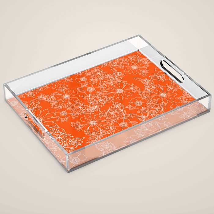 Hand drawn white bright orange modern floral Acrylic Tray Gallery Image 1
