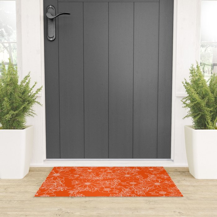 Hand drawn white bright orange modern floral Welcome Mat Gallery Image 3