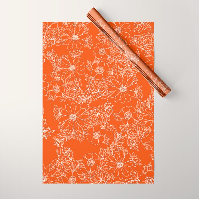 Hand drawn white bright orange modern floral Wrapping Paper Gallery Image 1