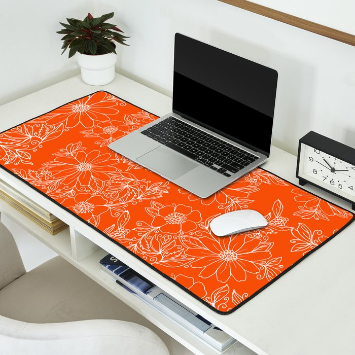 Hand drawn white bright orange modern floral Desk Mat Gallery Image 2