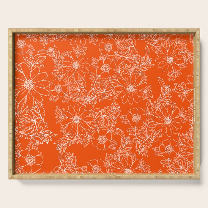 Hand drawn white bright orange modern floral Serving Tray Gallery Image 1
