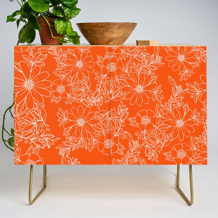 Hand drawn white bright orange modern floral Credenza Gallery Image 1