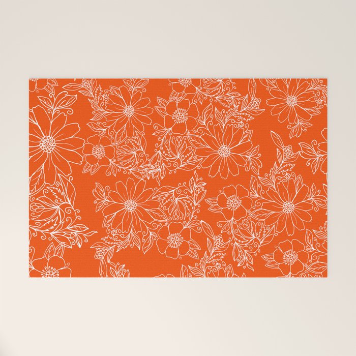 Hand drawn white bright orange modern floral Welcome Mat Gallery Image 1