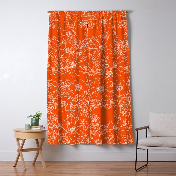 Hand drawn white bright orange modern floral Window Curtain Gallery Image 1