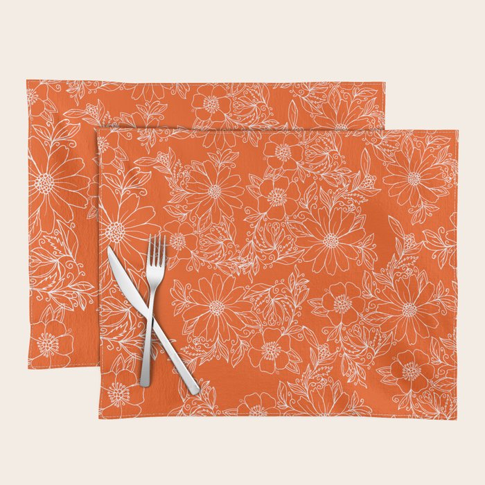 Hand drawn white bright orange modern floral Placemat Gallery Image 1