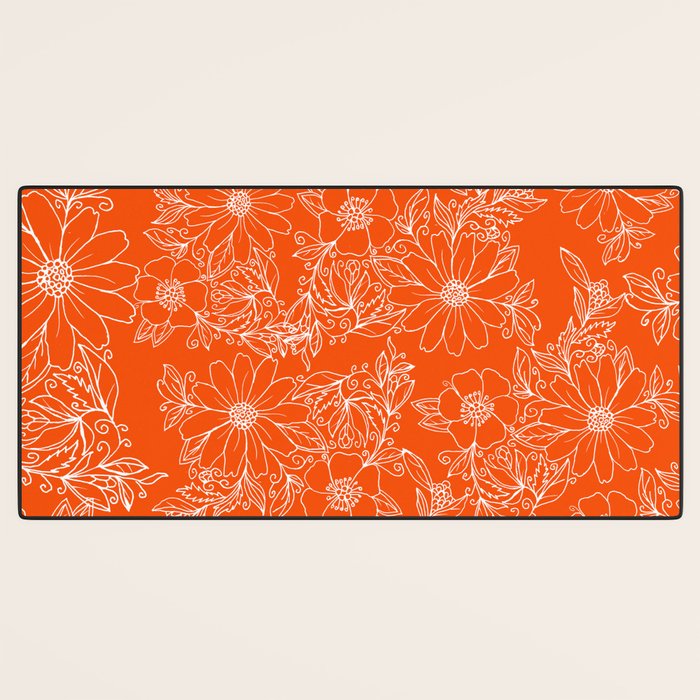 Hand drawn white bright orange modern floral Desk Mat Gallery Image 3