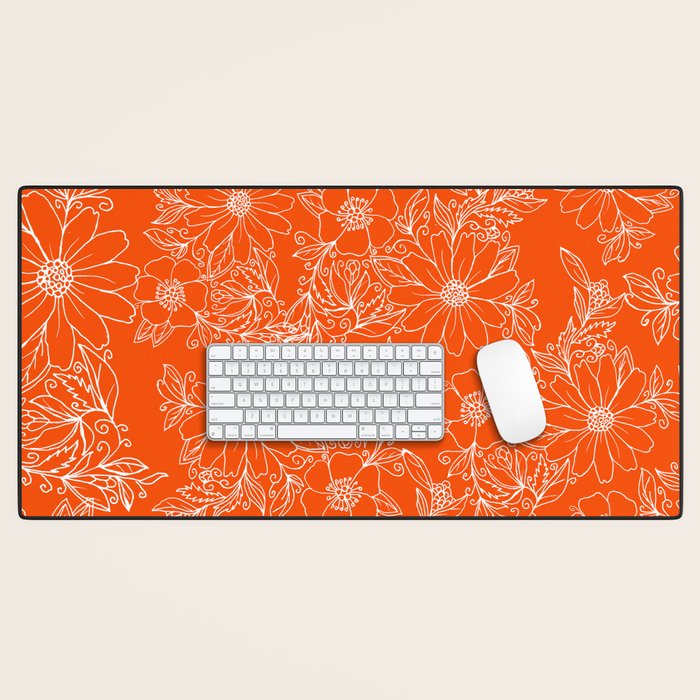 Hand drawn white bright orange modern floral Desk Mat Gallery Image 1