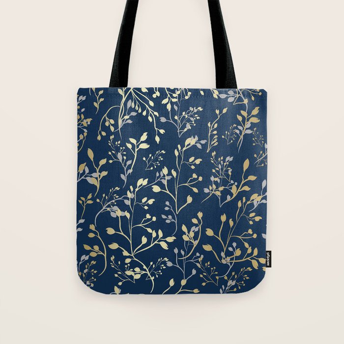 Floral Leaves, Navy Blue and Gold, Wall Art Prints Tote Bag Gallery Image 1