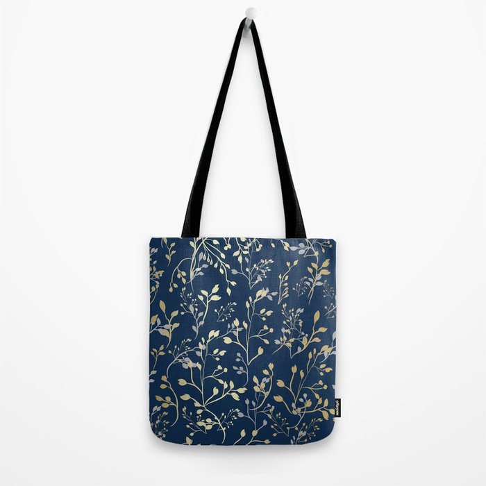 Floral Leaves, Navy Blue and Gold, Wall Art Prints Tote Bag Gallery Image 2