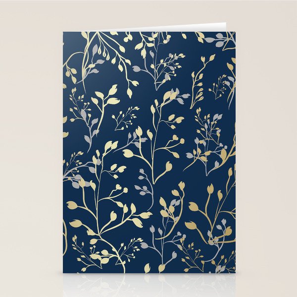 Floral Leaves, Navy Blue and Gold, Wall Art Prints Stationery Card Gallery Image 1