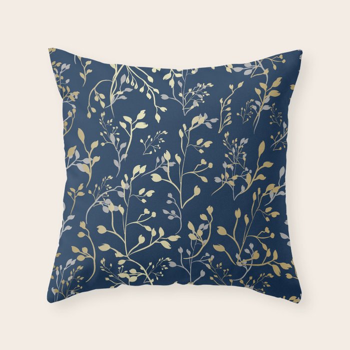 Floral Leaves, Navy Blue and Gold, Wall Art Prints Throw Pillow Gallery Image 1