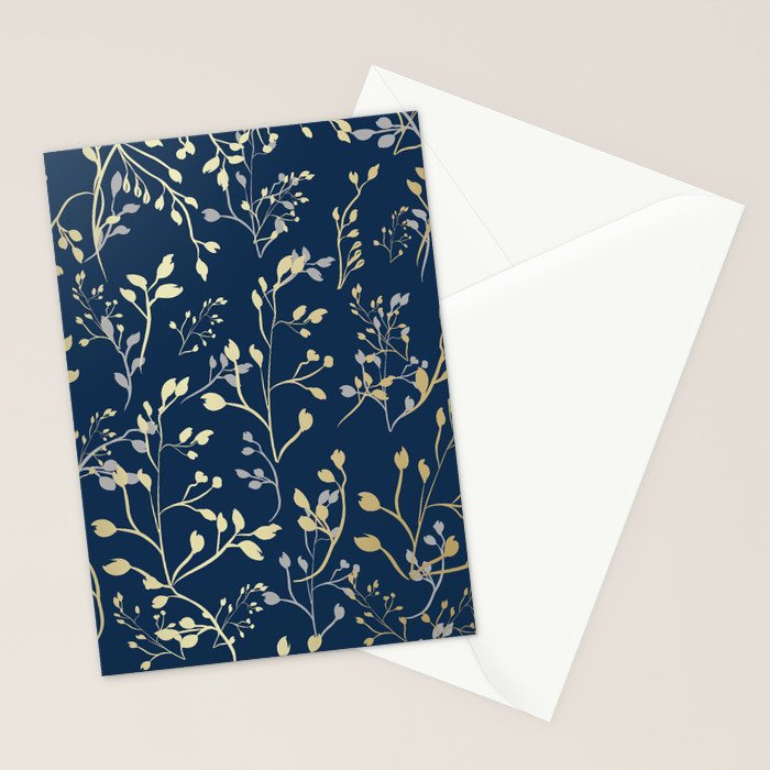 Floral Leaves, Navy Blue and Gold, Wall Art Prints Stationery Card Gallery Image 2