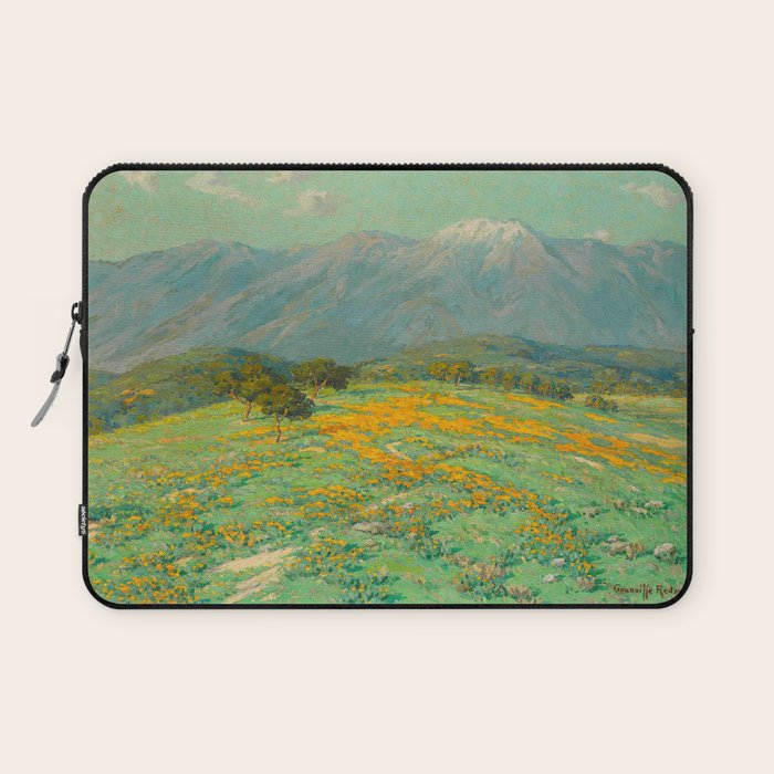 Granville Redmond snow cap spring landscape painting orange flowers green field Laptop Sleeve Gallery Image 1
