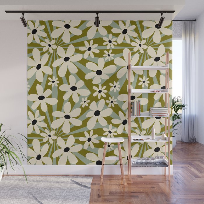 Retro Psychedelic Daisy Flower - Green Color Wall Mural Gallery Image 1