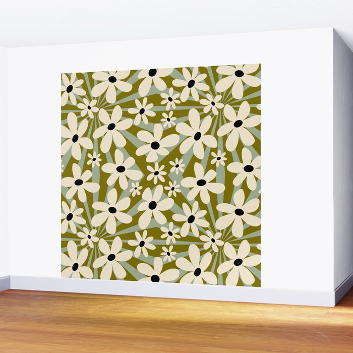 Retro Psychedelic Daisy Flower - Green Color Wall Mural Gallery Image 2