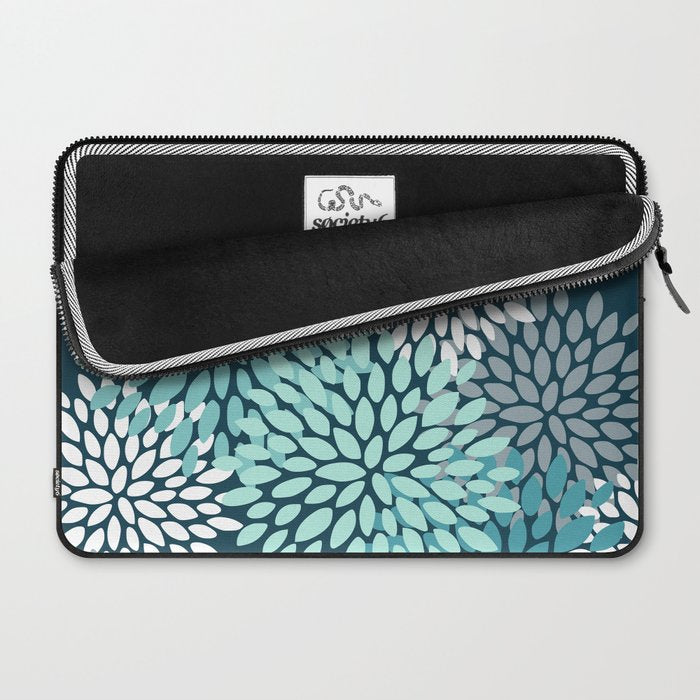 Modern Flowers Print, Teal and White Laptop Sleeve Gallery Image 2
