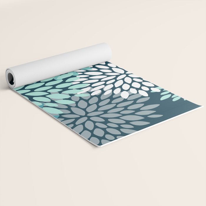 Modern Flowers Print, Teal and White Yoga Mat Gallery Image 2