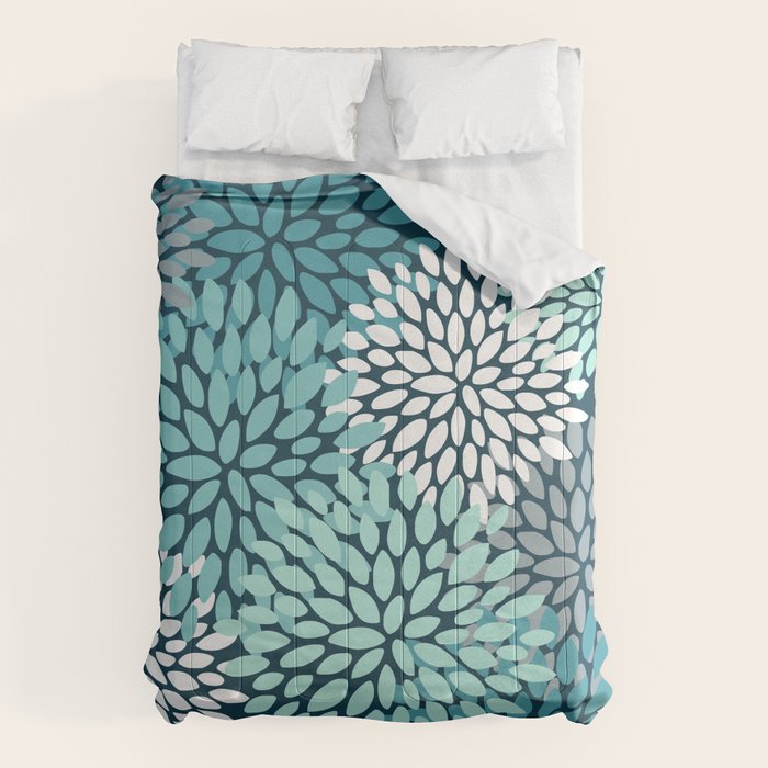 Modern Flowers Print, Teal and White Comforter Gallery Image 1