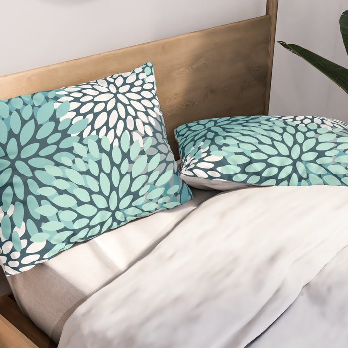 Modern Flowers Print, Teal and White Pillow Sham Gallery Image 2