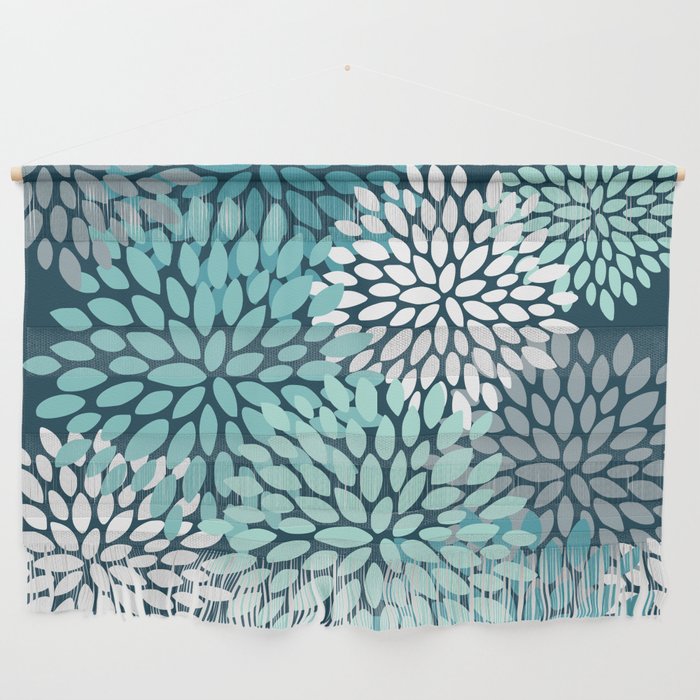 Modern Flowers Print, Teal and White Wall Hanging Gallery Image 1