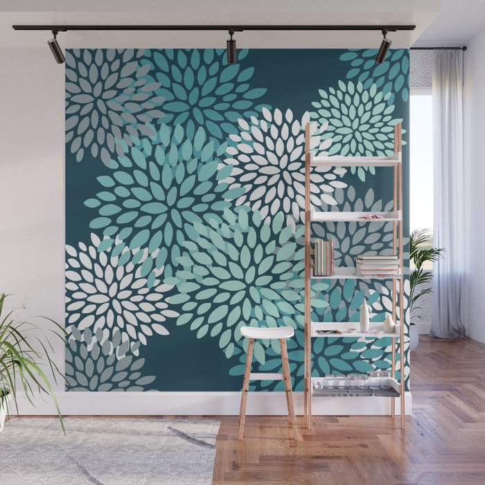 Modern Flowers Print, Teal and White Wall Mural Gallery Image 1
