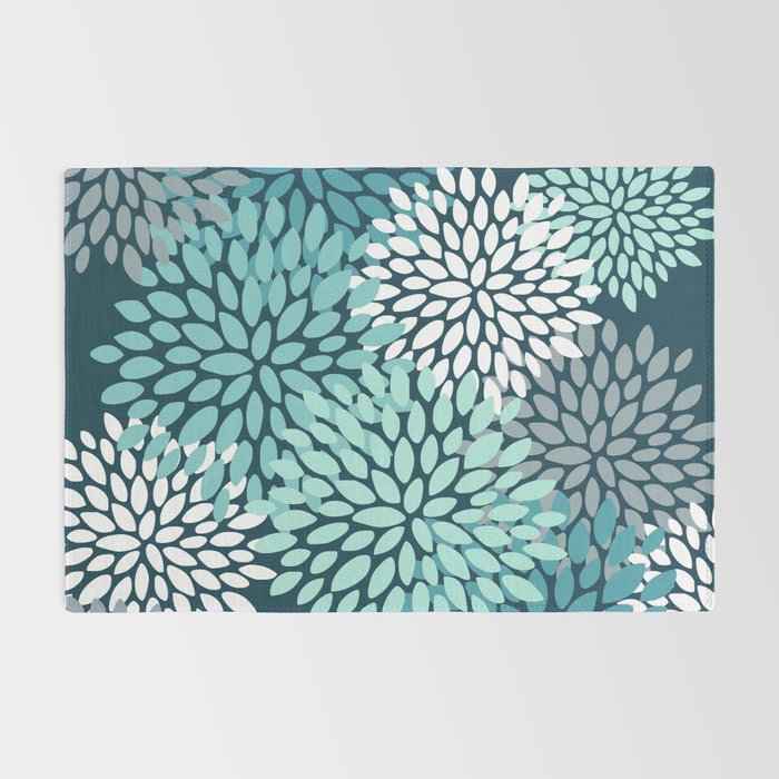 Modern Flowers Print, Teal and White Rug Gallery Image 2