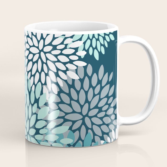 Modern Flowers Print, Teal and White Coffee Mug Gallery Image 1