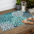 Modern Flowers Print, Teal and White Outdoor Rug Gallery Image 2