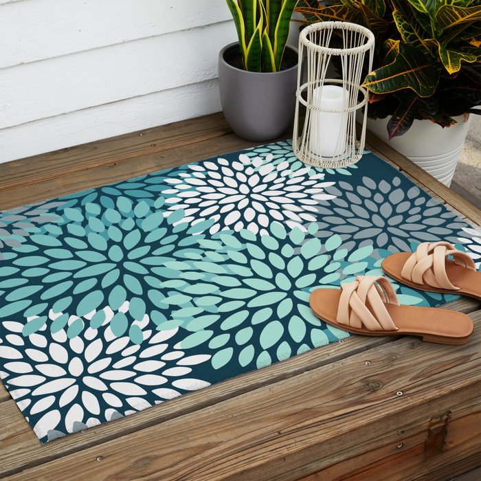 Modern Flowers Print, Teal and White Outdoor Rug Gallery Image 2