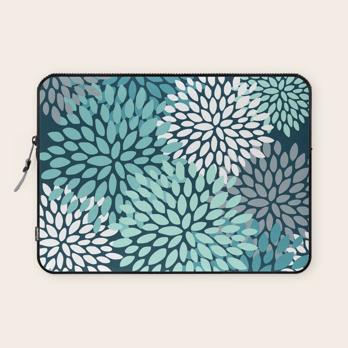 Modern Flowers Print, Teal and White Laptop Sleeve Gallery Image 1