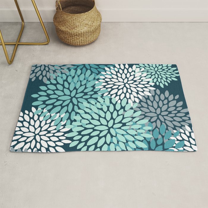 Modern Flowers Print, Teal and White Rug Gallery Image 1