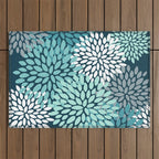 Modern Flowers Print, Teal and White Outdoor Rug Gallery Image 1