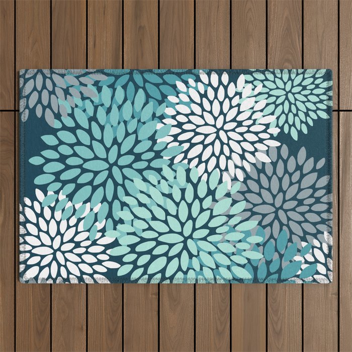 Modern Flowers Print, Teal and White Outdoor Rug Gallery Image 1