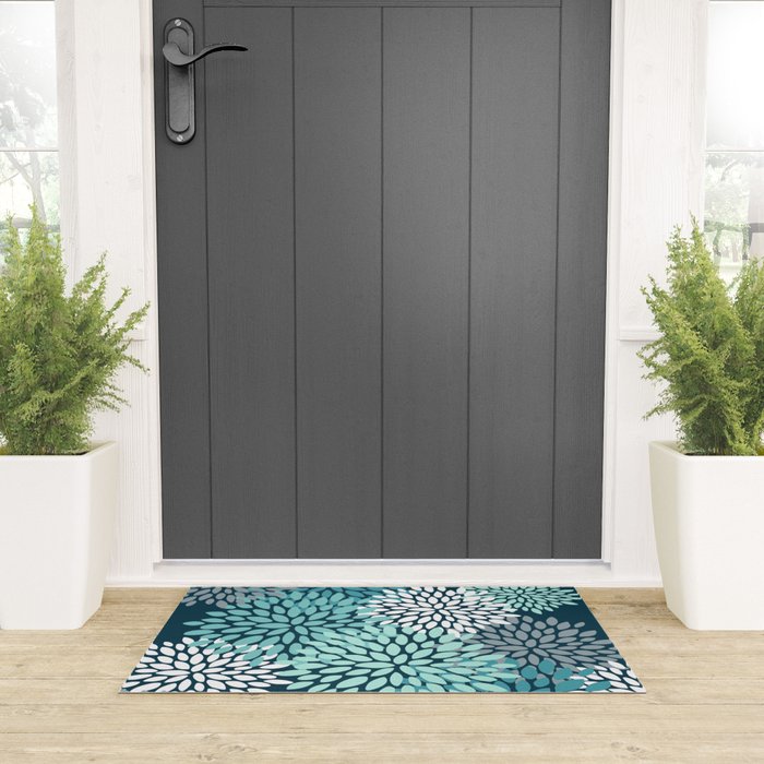 Modern Flowers Print, Teal and White Welcome Mat Gallery Image 3