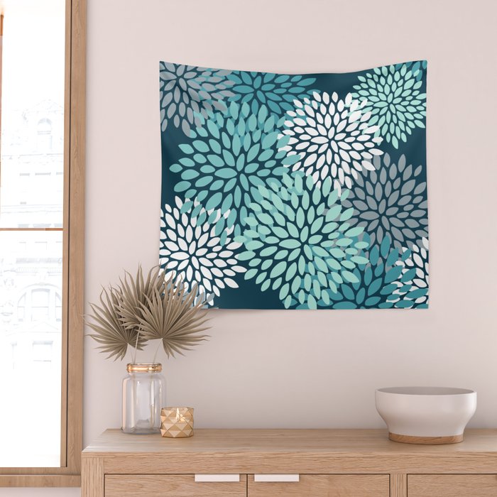 Modern Flowers Print, Teal and White Wall Tapestry Gallery Image 2